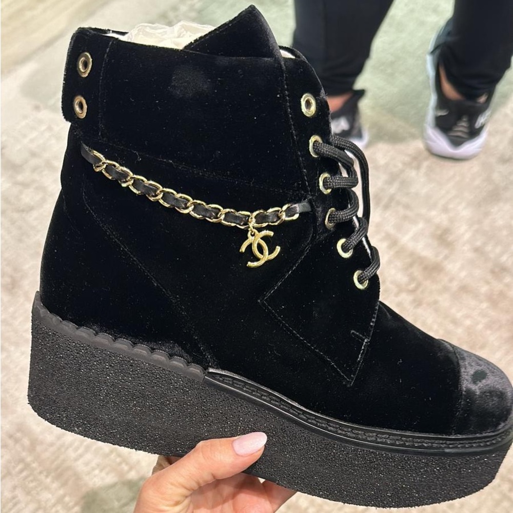 Chanel black velvet chain wedge platform lace up boots booties 38.5